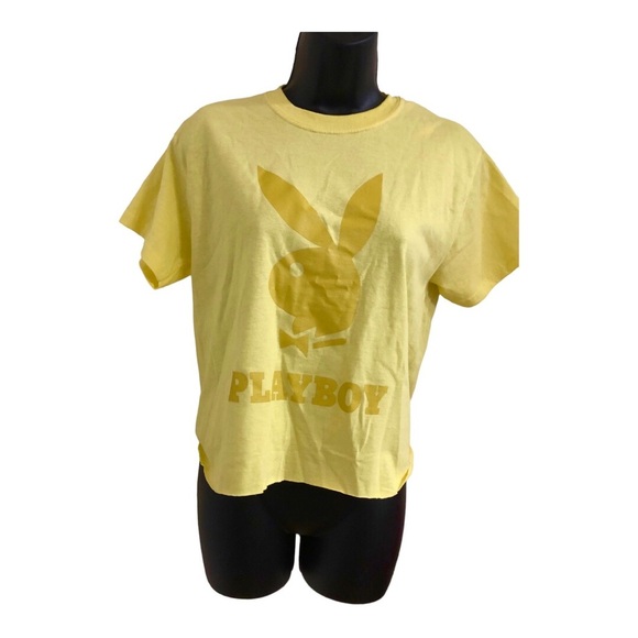 playboy‎ yellow slightly crop raglan hem iconic playboy logo t-shirt size small - Picture 3 of 11